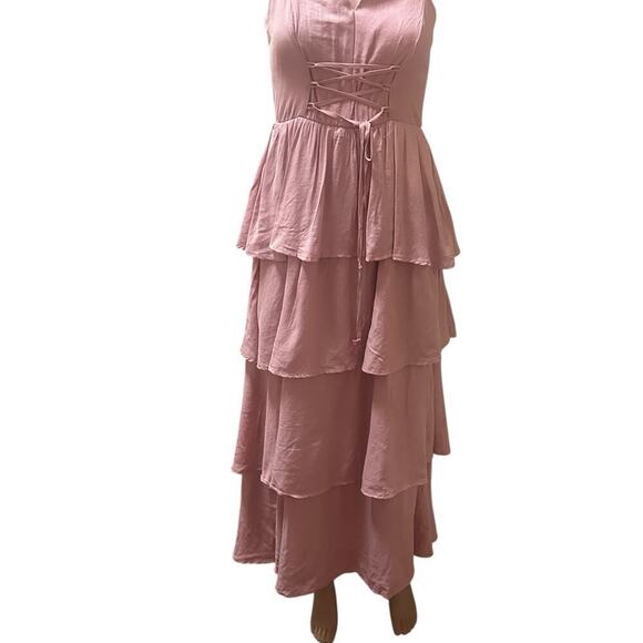 Aubrey Parks Blush Pink Tiered Maxi Dress Lace-Up Front Size- Small - Picture 4 of 8